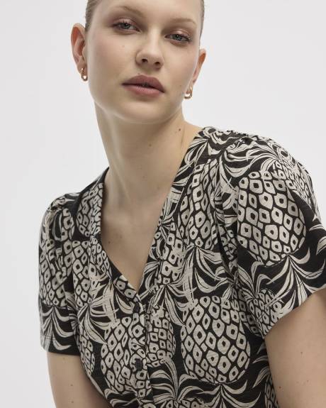 Short-Flutter-Sleeve V-Neck Buttoned-Down Blouse