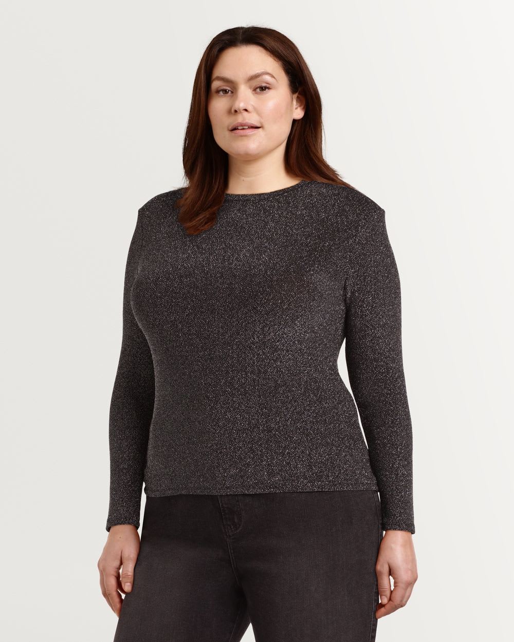 Long Sleeve Lurex Crew Neck Top with Shoulder Pads