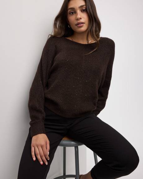 Long-Sleeve Boat-Neck Boxy Sweater with All-Over Sequins
