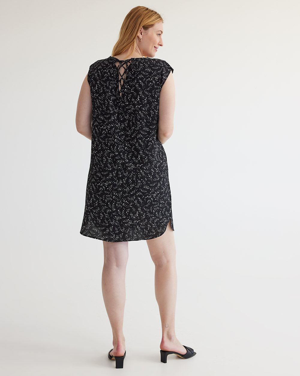 Extended-Sleeve Shift Dress with Lace-Up Detail at Back