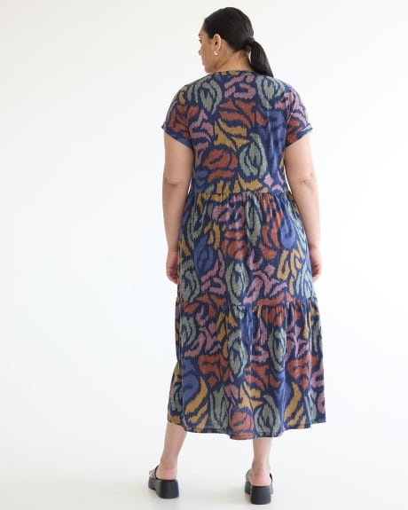 Short-Sleeve Tiered Midi Dress with Split Neckline