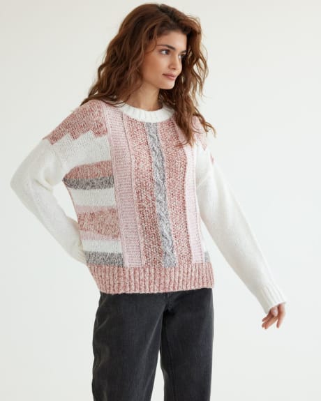 Pull à col rond en tricot style patchwork à manches longues