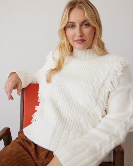 Boxy Long-Sleeve Mock-Neck Sweater with Cable Stitches