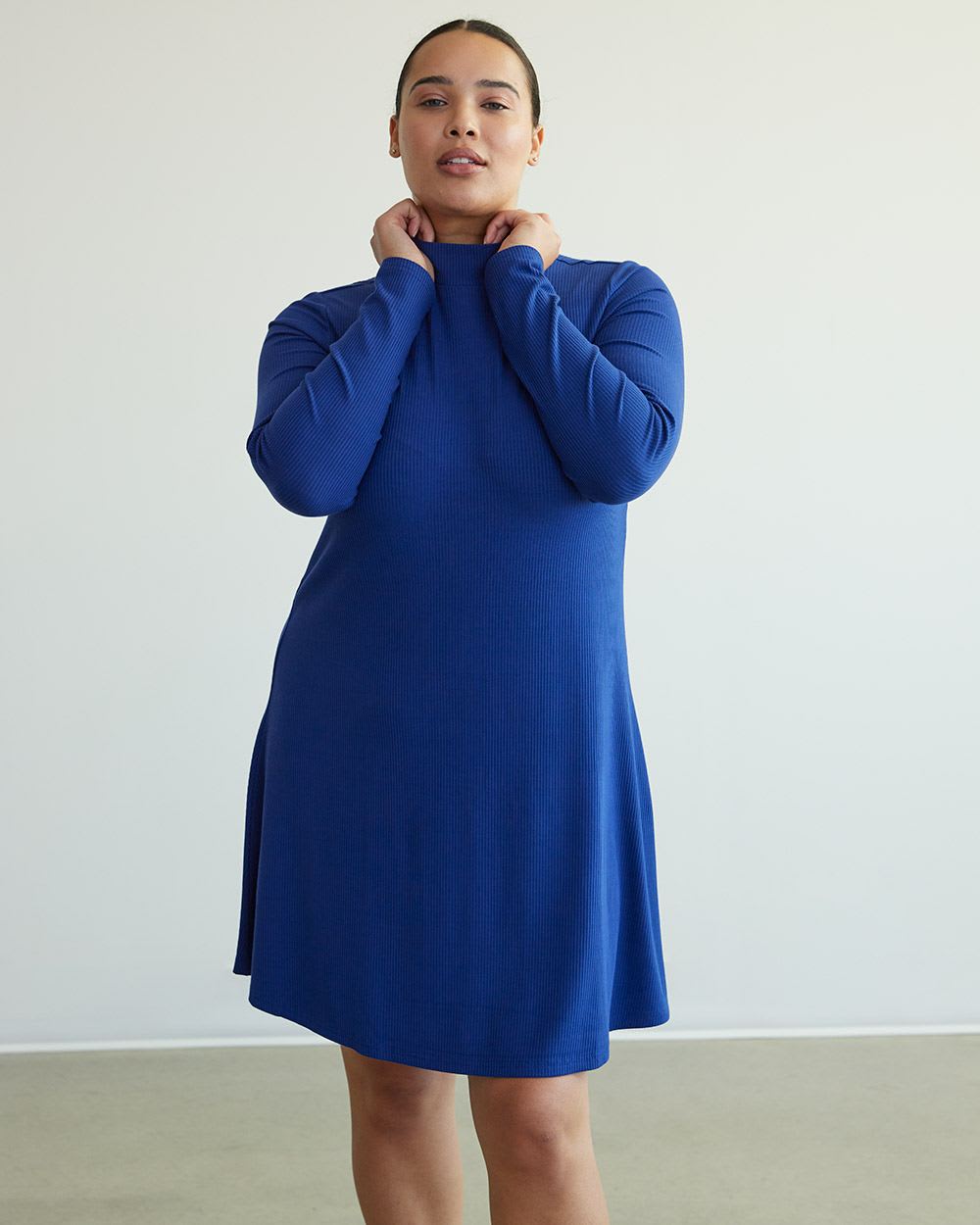 Long-Sleeve Ribbed Swing Dress with Mock Neckline