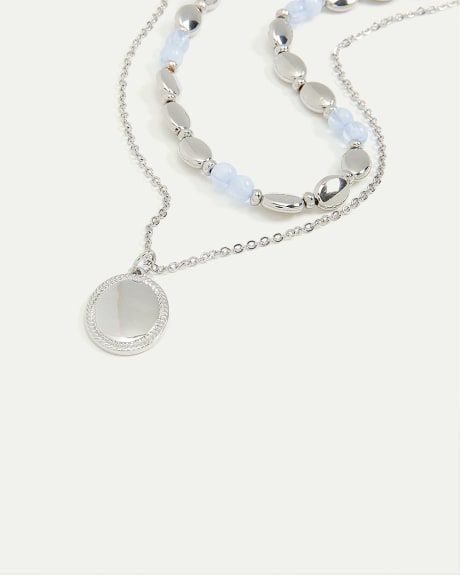 Short Double-Layer Necklace with Oval Pendant