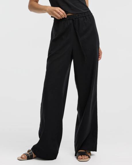 Pantalon en mélange de lin à jambe large et taille haute - Petite
