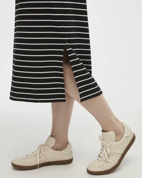Striped Extended-Sleeve Crew-Neck Midi Dress