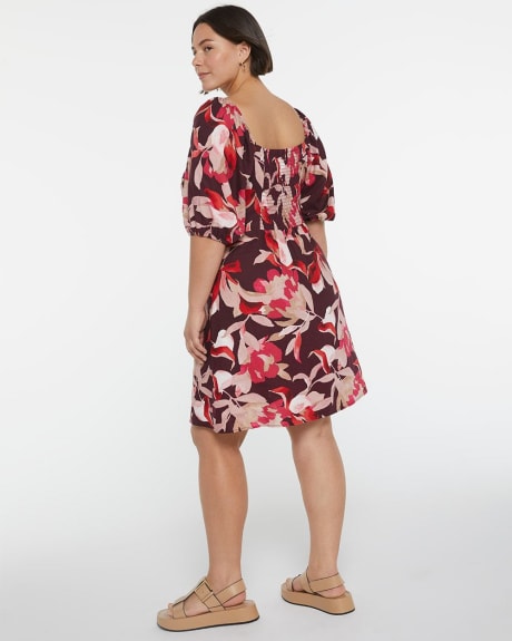 Puffed Sleeve Printed Linen Fit & Flair Wrap Dress