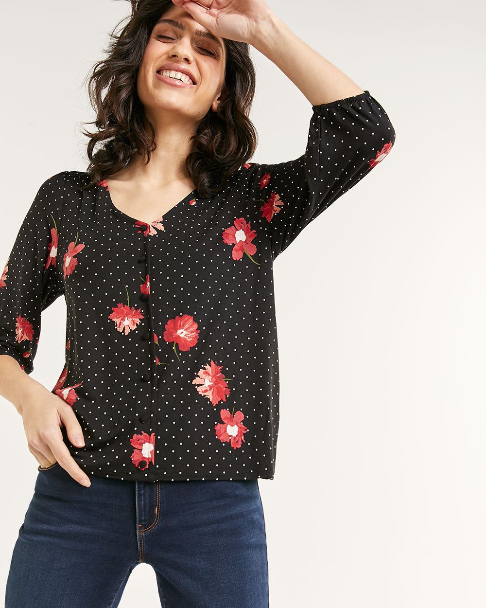 3/4 Sleeve V-Neck Printed Top with ...