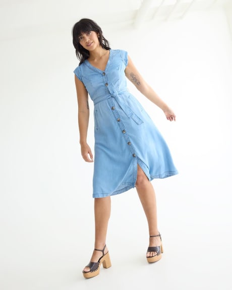 Cap-Sleeve Fit-and-Flare Tencel Midi Dress