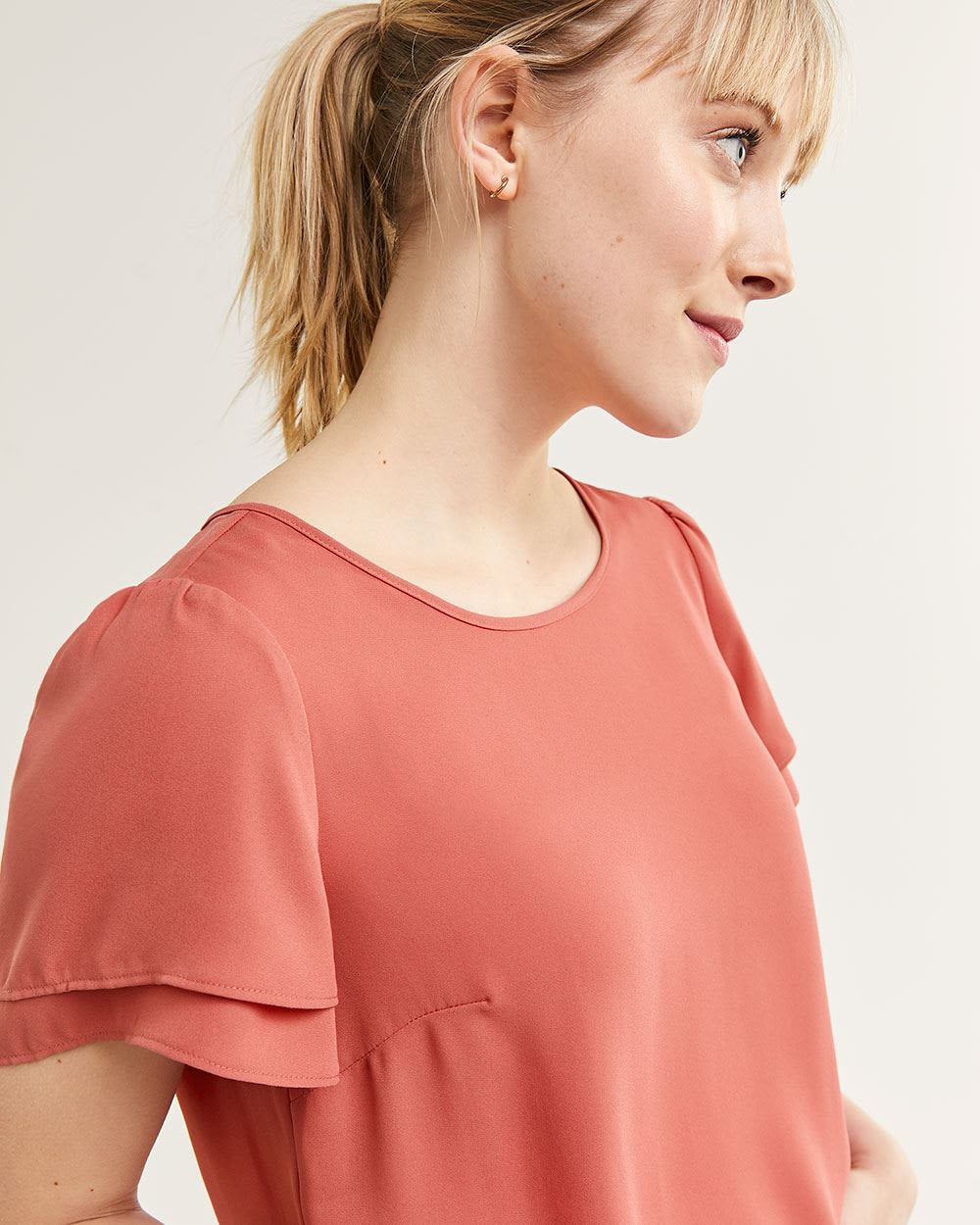 Short Flutter Sleeve Crew Neck Blouse with Back Tie