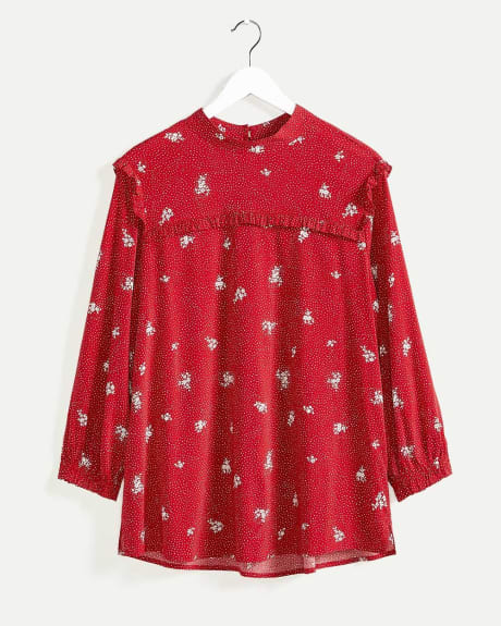 3/4 Sleeve Mock Neck Printed Blouse with Ruffles