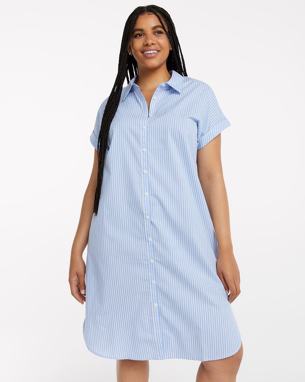 Short Sleeve Striped Poplin Shirt Dress