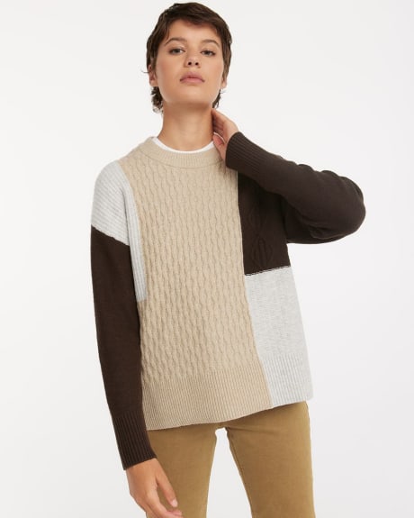 Long-Sleeve Patchwork Crew-Neck Sweater