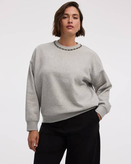 Long-Sleeve Crew-Neck Fleece Sweatshirt with Rhinestones