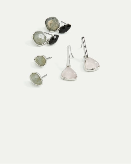 Stud Earrings with Stones, Set of 3