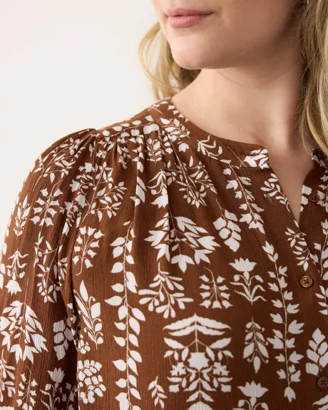 3/4-Sleeve Embroidered Blouse with Crew Neckline