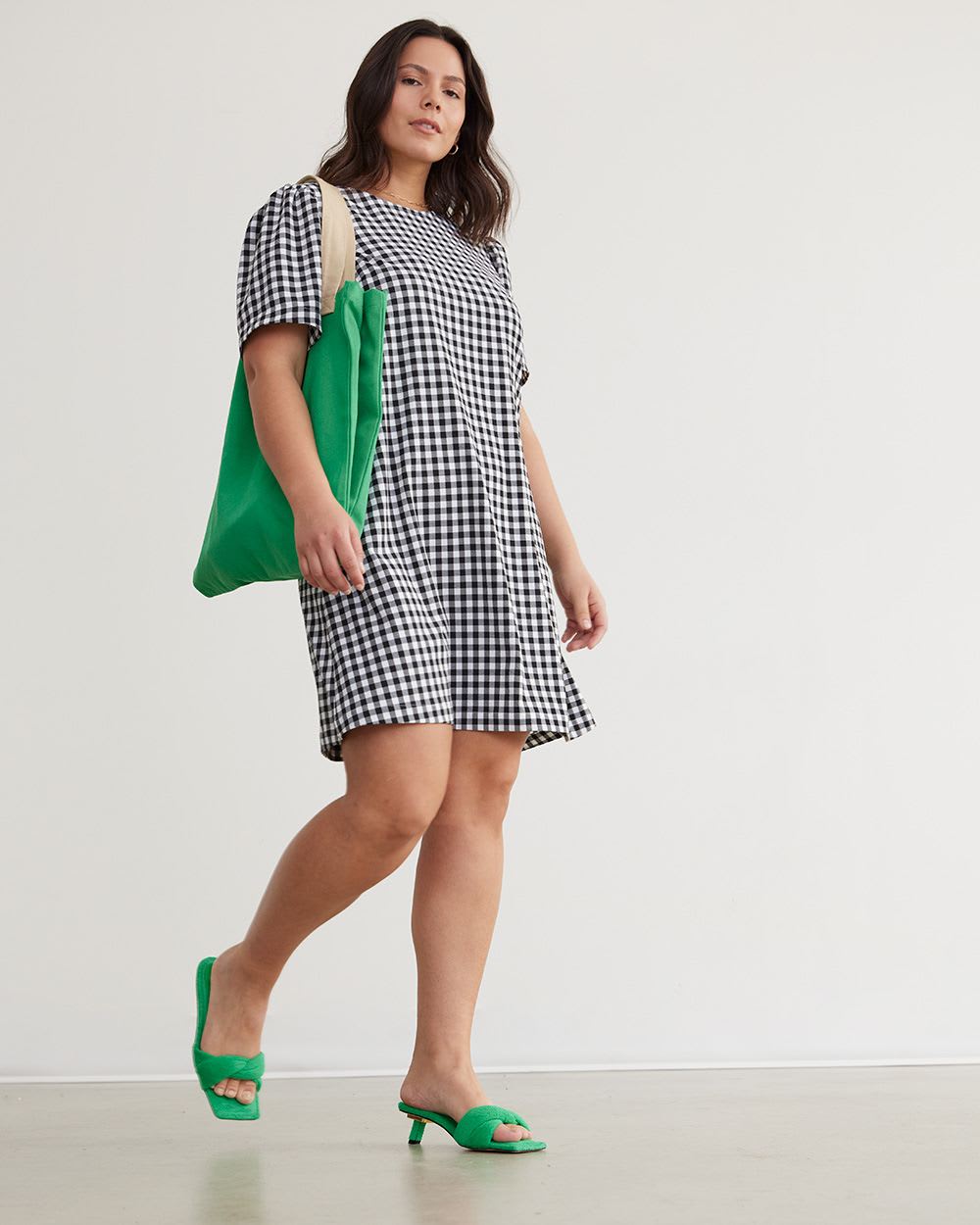 Short-Puffy-Sleeve Dress with Bow at Neckline