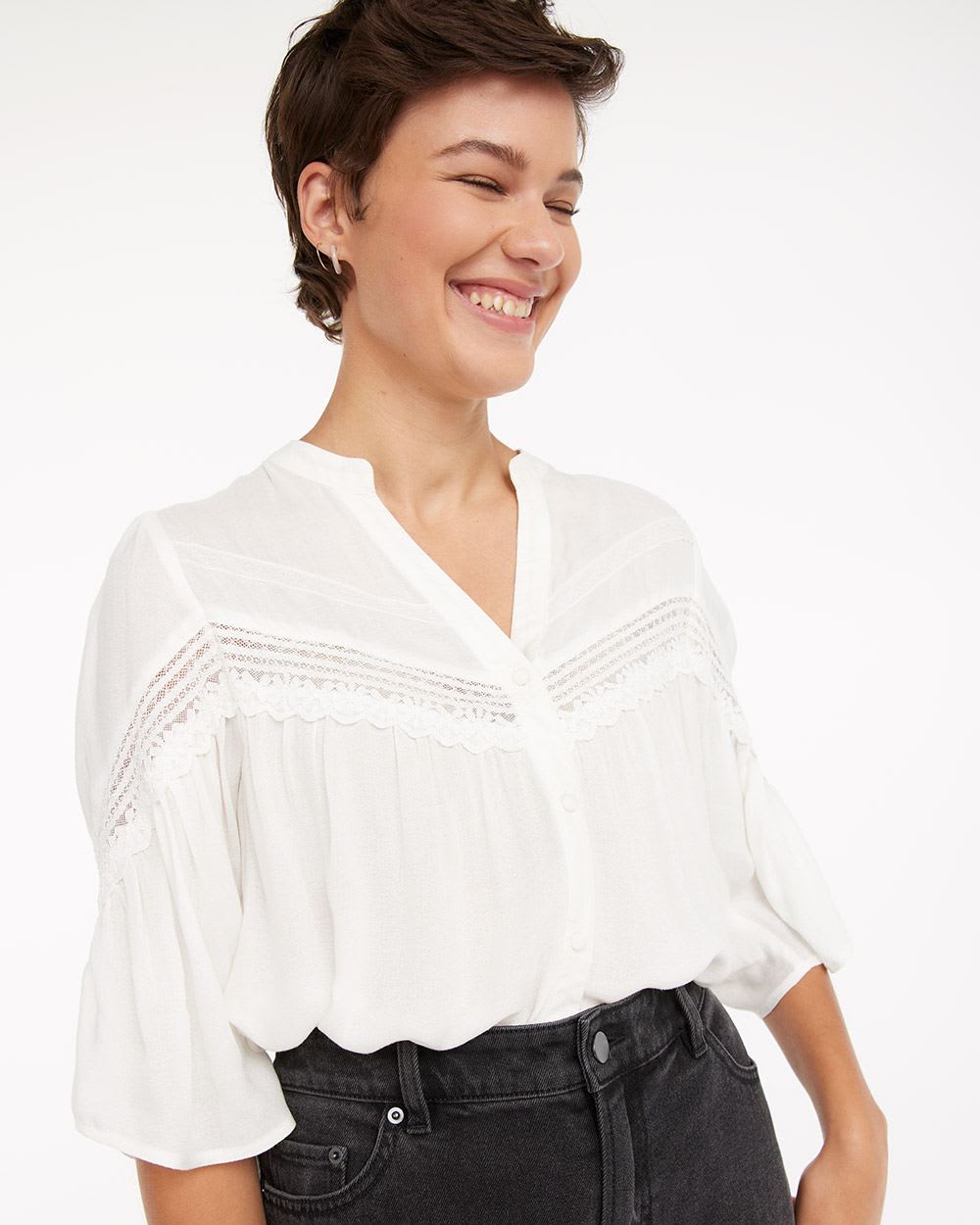 Solid Split-Neck Blouse with Lace Inserts