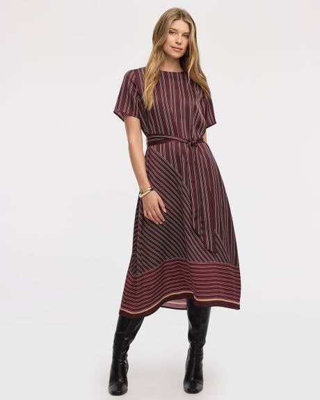 Satiny Short-Sleeve Midi Dress with Sash