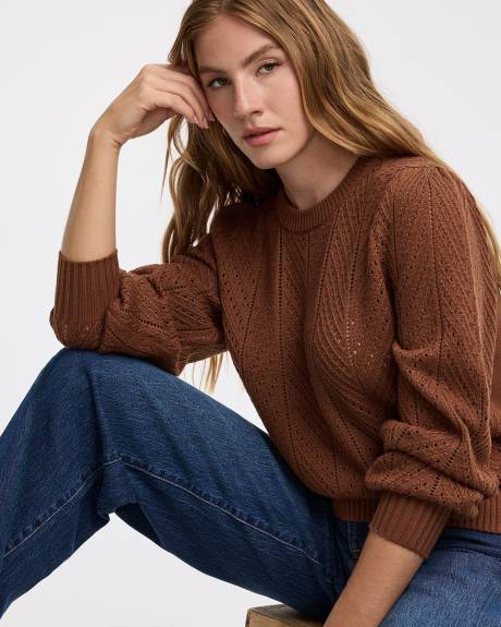 Long-Balloon-Sleeve Crew-Neck Pointelle Sweater