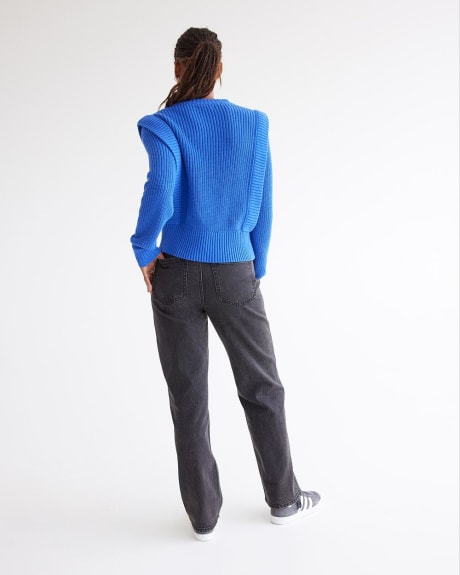 Long-Sleeve Cable Knit Pullover with Padded Shoulders
