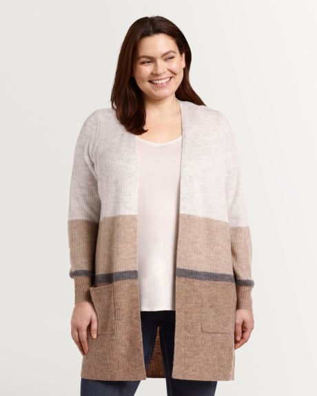 Colour-Block Open Knit Cardigan with Balloon Sleeves