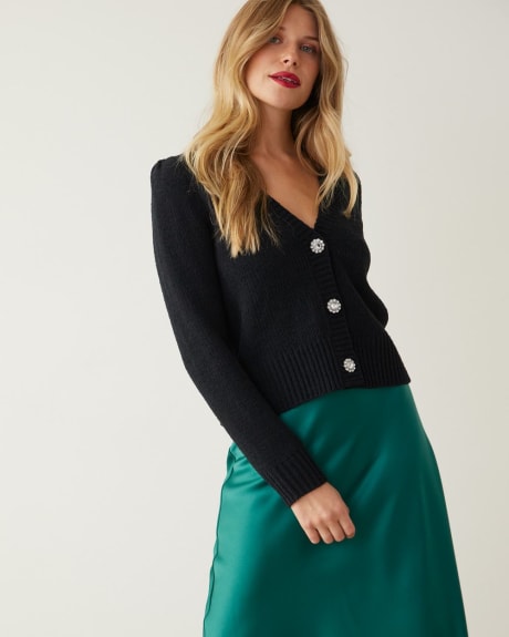 Long-Sleeve V-Neck Cardigan with Jewelled Buttons