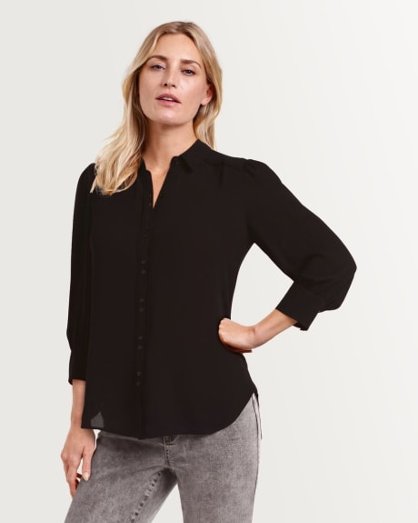 Crepe Johnny Collar Button Down Blouse
