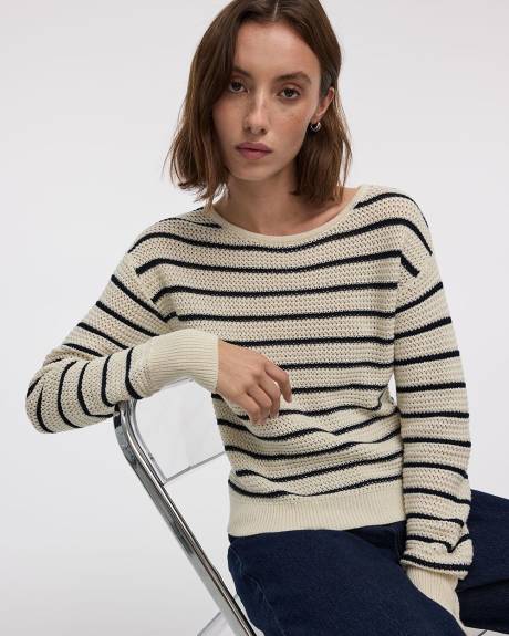 Striped Long-Sleeve Open-Stitch Pullover