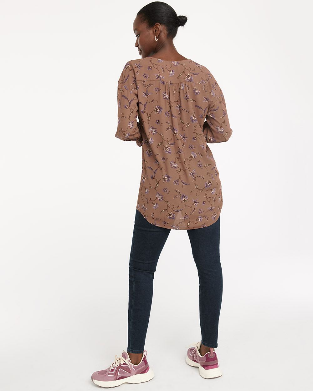Printed V-Neck Tunic with 3/4 Sleeves