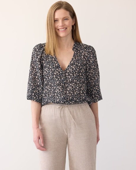 3/4-Sleeve V-Neck Buttoned-Down Blouse