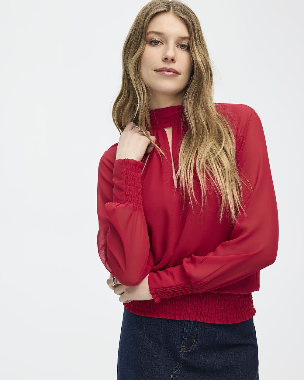 Long-Sleeve Mock-Neck Loose Blouse