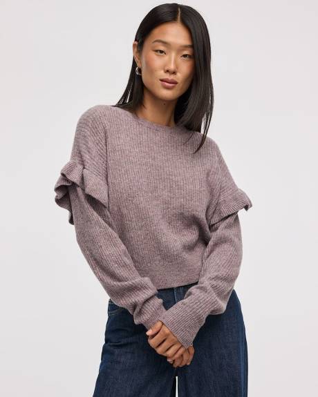 Long-Sleeve Crew-Neck Sweater with Ruffles