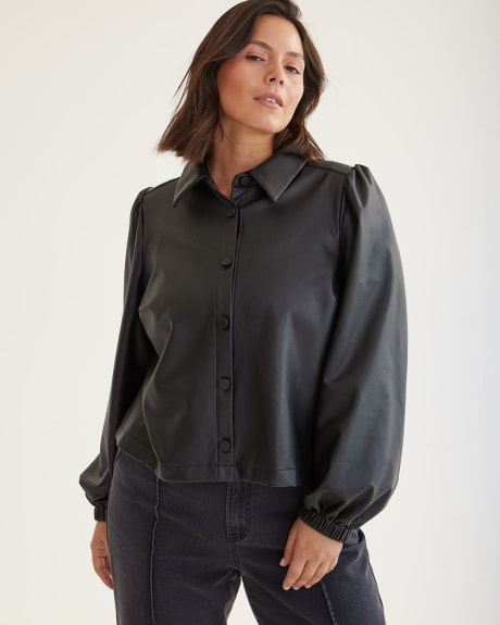 Buttoned-Down Faux Leather Shirt with Long Sleeves