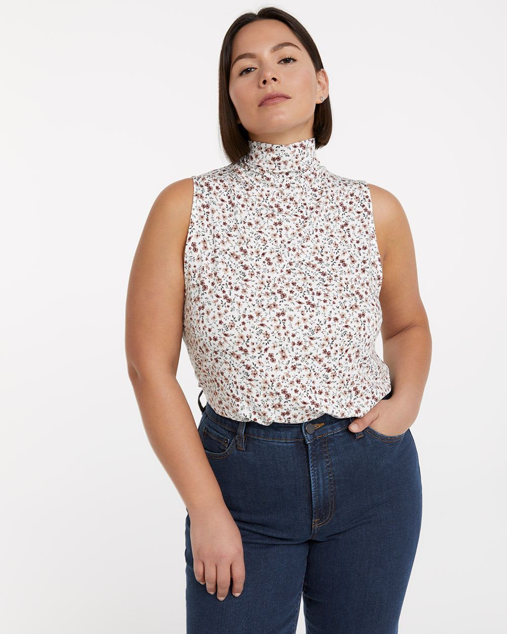 Printed Sleeveless Top with Mock Neck
