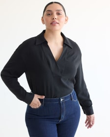 Long-Sleeve V-Neck Blouse with Shirt Collar