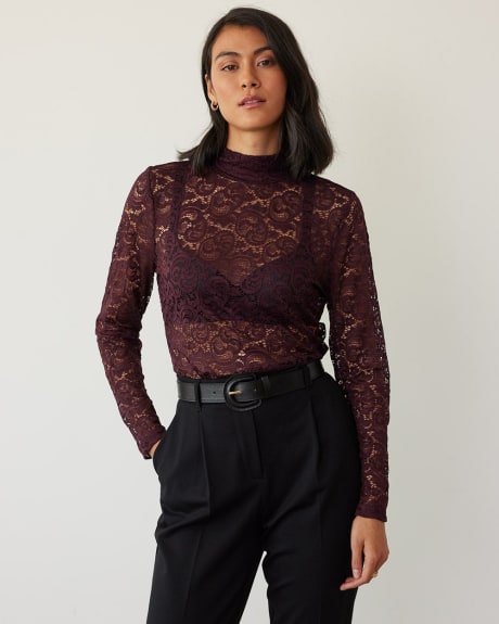 Long-Sleeve Lace Top with Mock Neckline