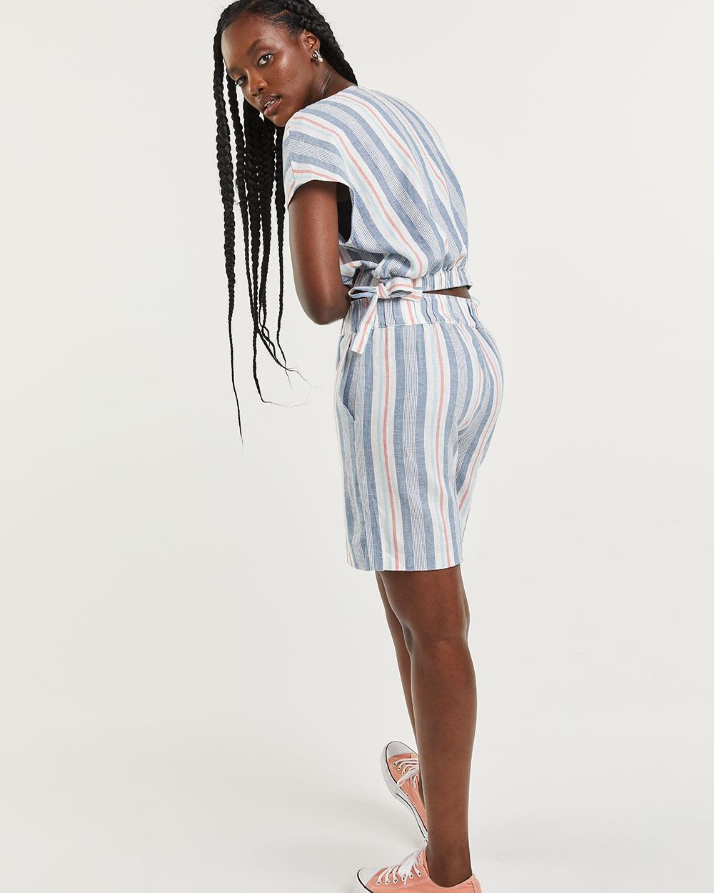 Short Sleeve Striped Linen Cropped Blouse