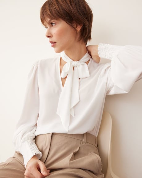 Long-Sleeve Blouse with Self-Tie V Neckline