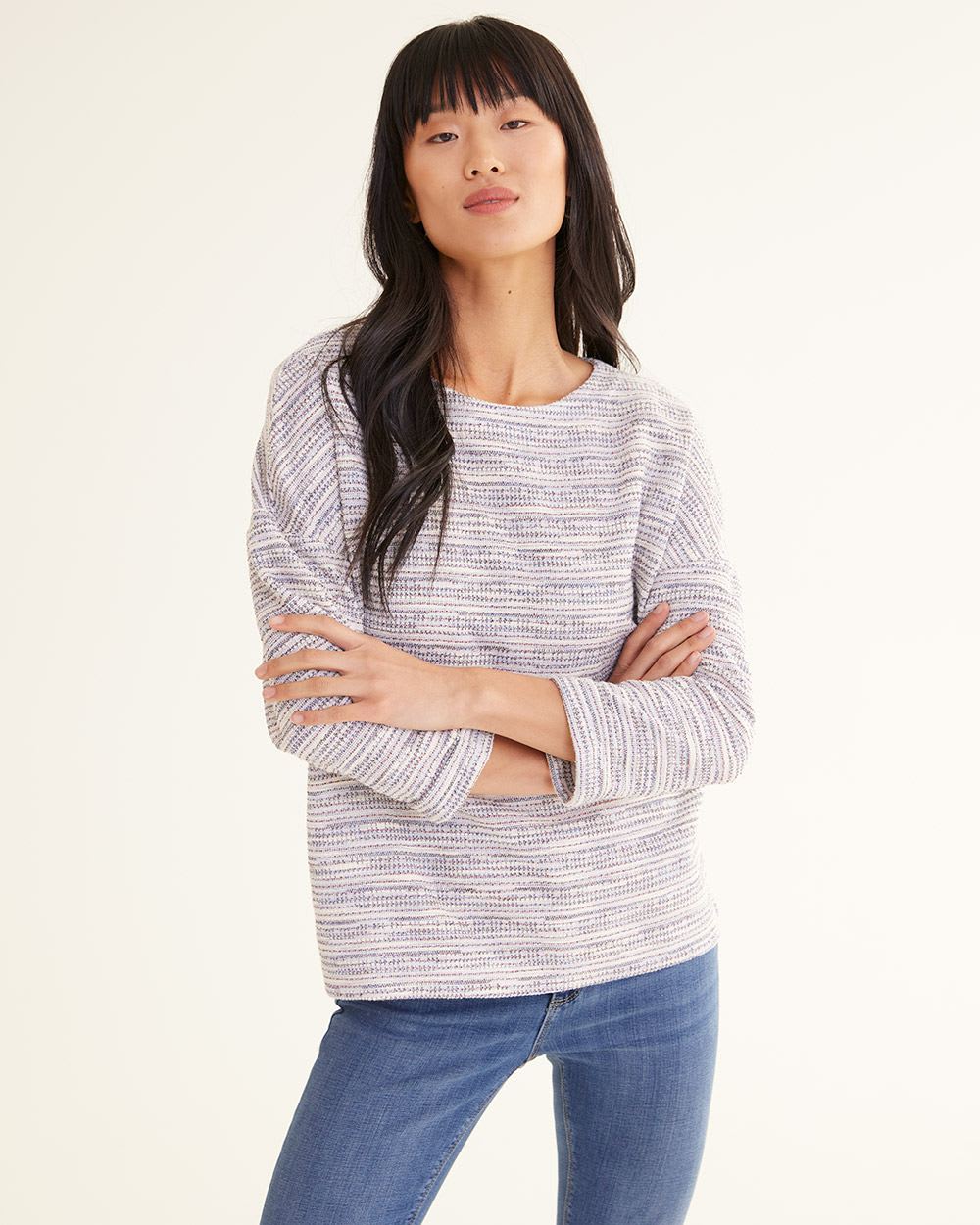 3/4-Sleeve Textured Top with Buttoned Back