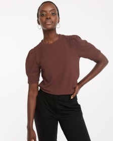 Textured Crew-Neck Top with Puffy Elbow Sleeves