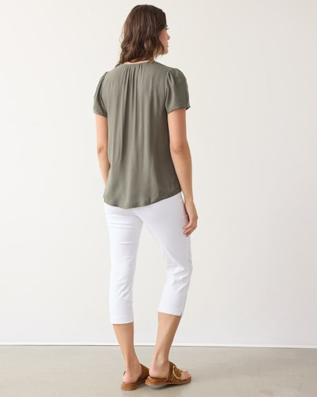 V-Neck Buttoned-Down Blouse with Short Flutter Sleeves