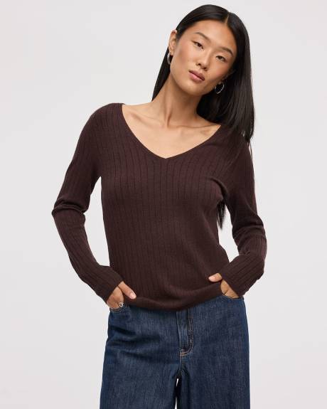 Long-Sleeve V-Neck Pullover with Wide Ribs