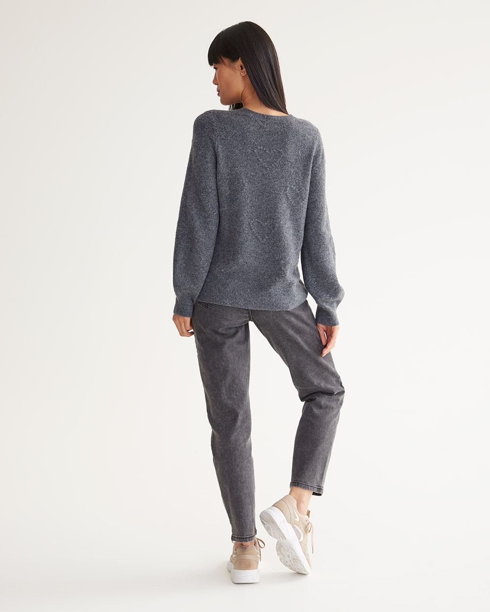 Long-Sleeve Crew Neck Pullover with Popcorn Stitch