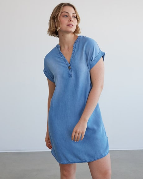 Short-Sleeve Split-Neck Tencel Dress