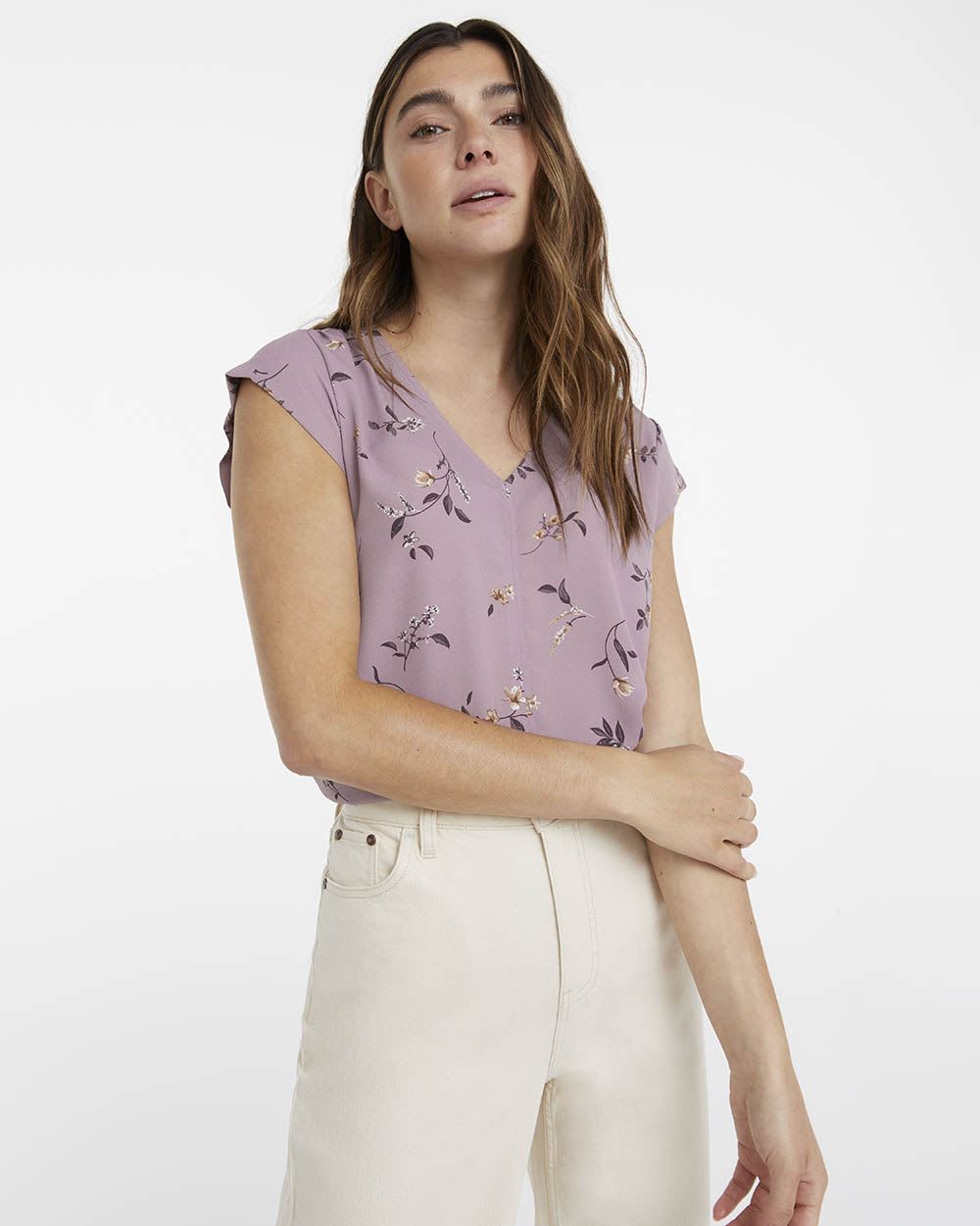 Cap Sleeve Printed Blouse with Shirring