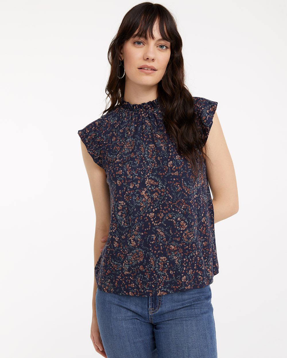 Printed Crew-Neck Top with Extended Ruffled Sleeves