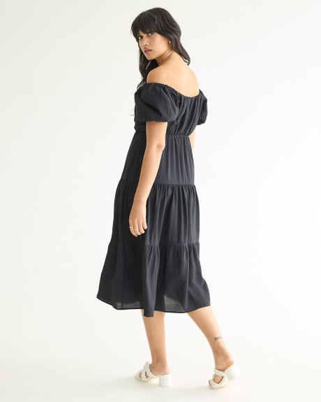 Short-Puffy-Sleeve Tiered Midi Dress
