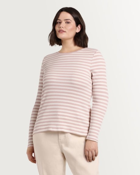 Ribbed Long Sleeve Crew Neck Top with Stripes